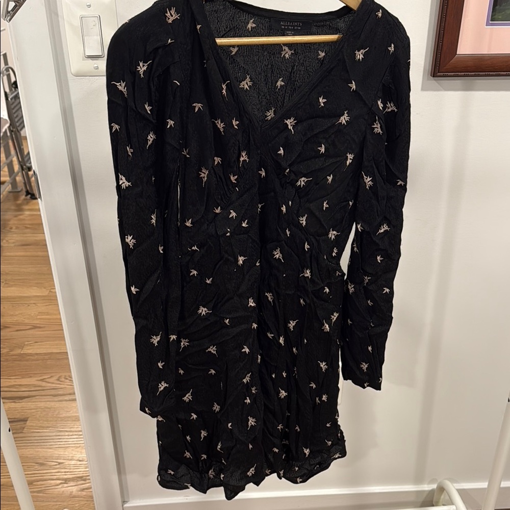 All Saints Black and White Wrap Dress Long Sleeve V-Neck